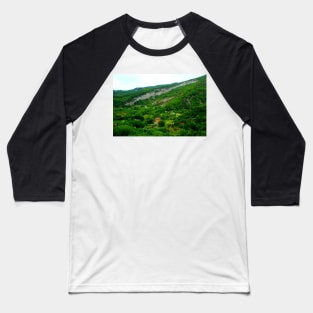 View in Castel Trosino at a ridge of rough mountain standing above human settlements Baseball T-Shirt